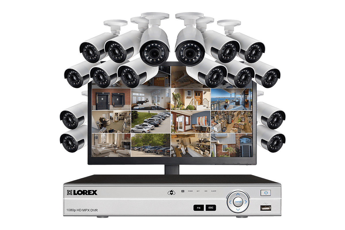 HD 1080p surveillance camera system with monitor and 16 wide angle security cameras