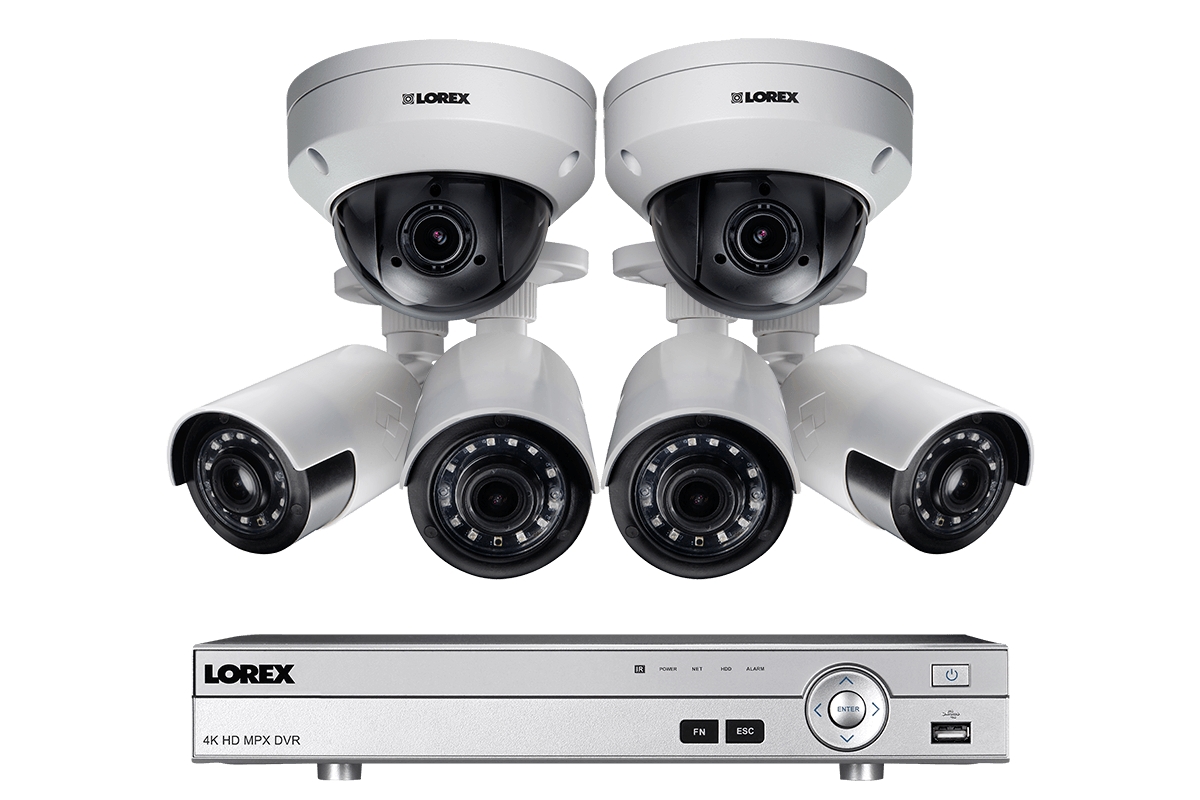 HD home security system featuring 4 ultra wide angle cameras and 2 PTZ cameras