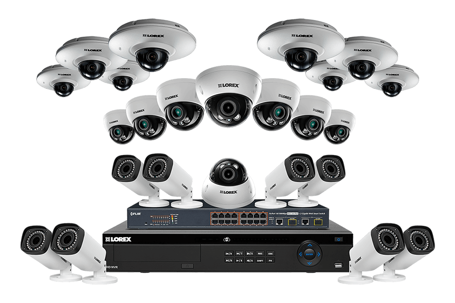 IP security system with 8 PTZ 1080p IP cameras and 12 motorized varifocal 2K cameras 32 Channel NVR