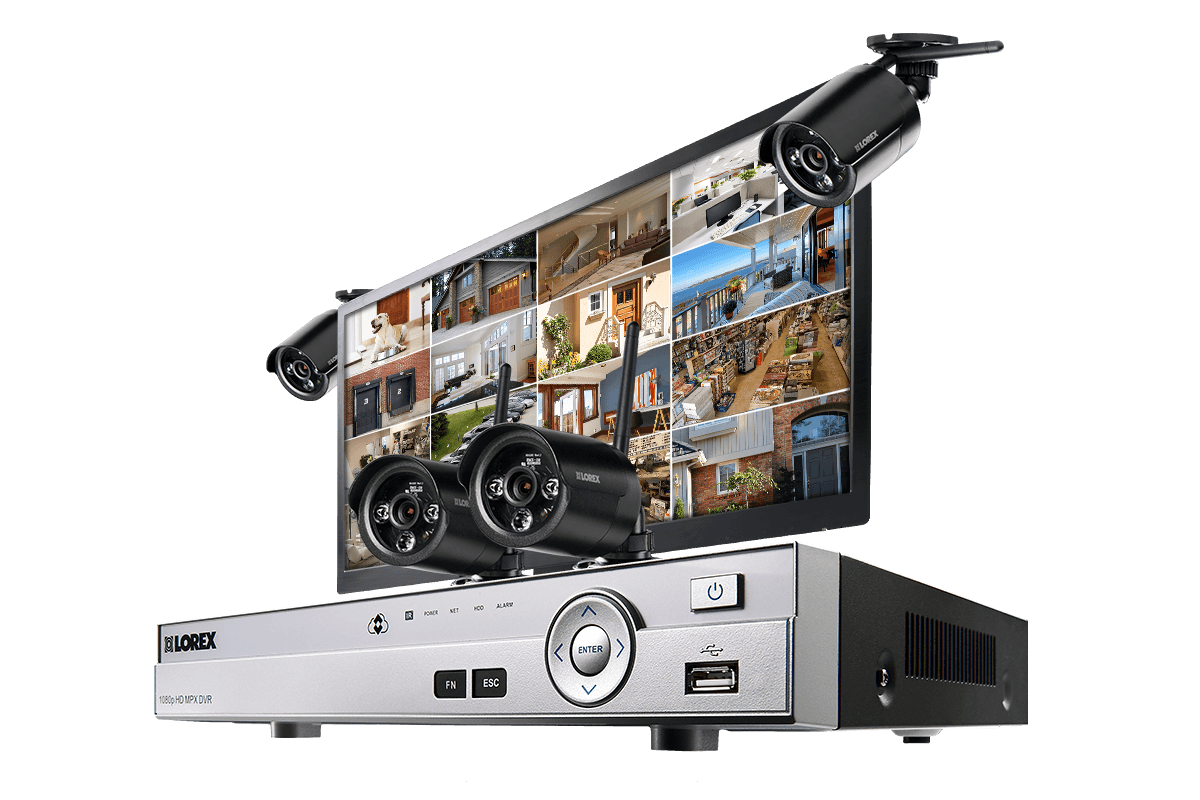 Complete security camera system with 4 HD 720p wireless cameras and monitor