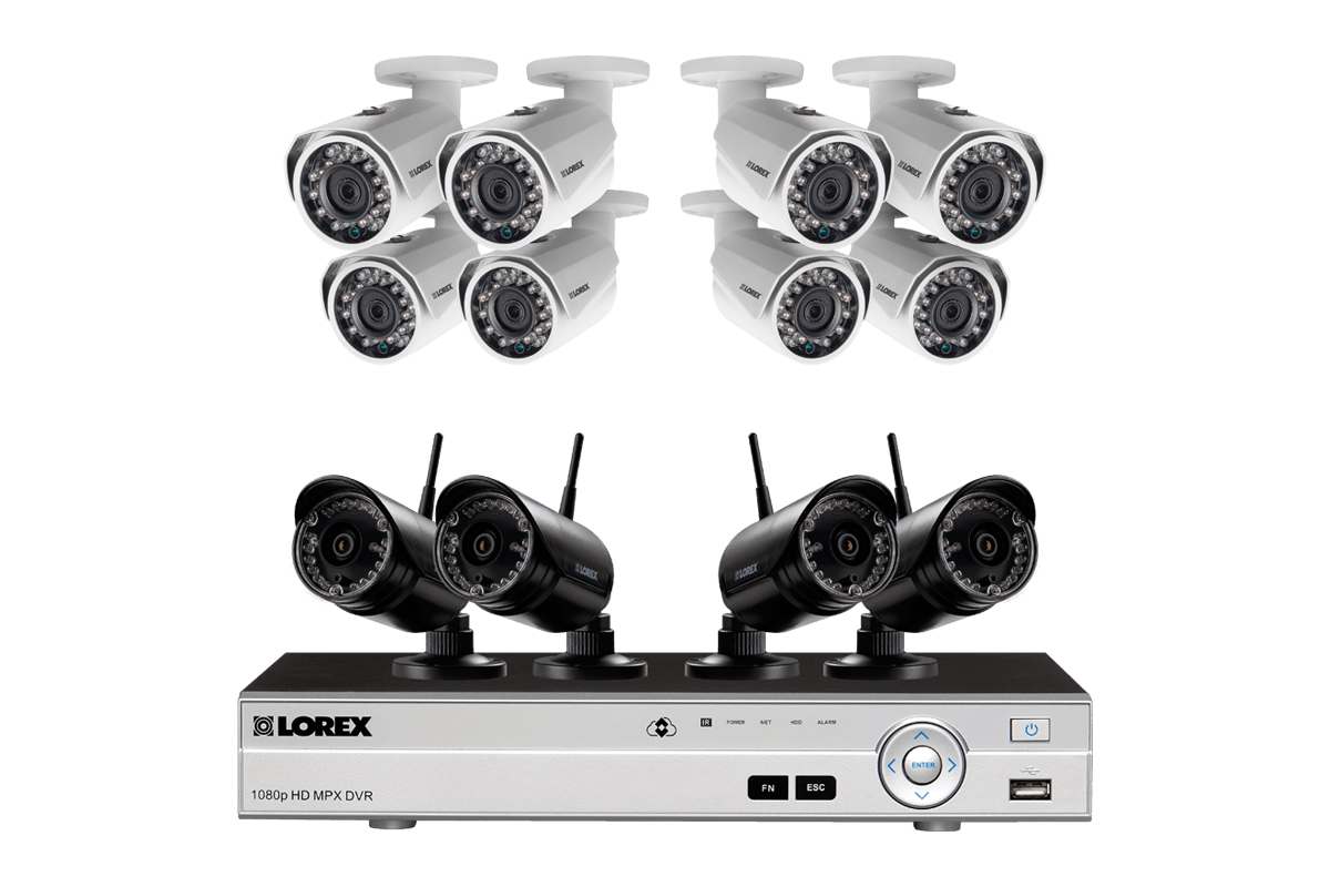 Outdoor surveillance system with 8 HD 1080p cameras and 4 HD 720p wireless cameras