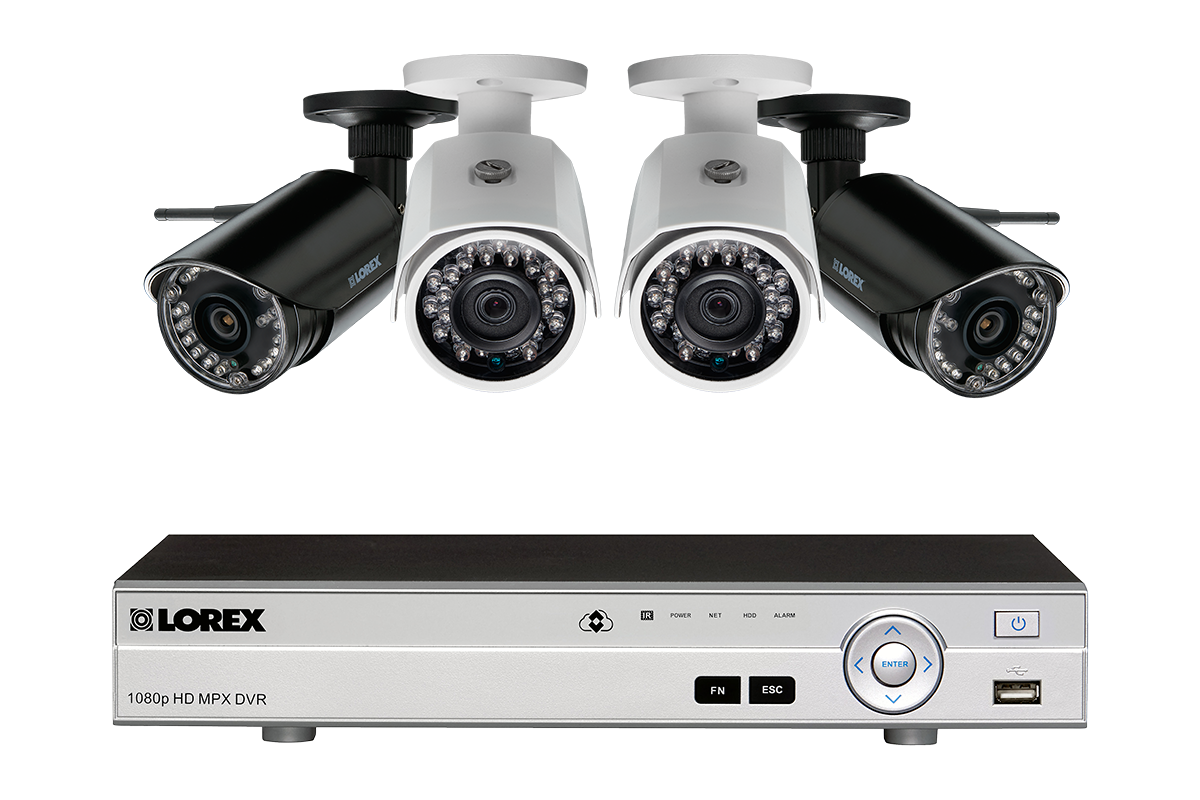 4 camera surveillance system with HD 1080p wired and VGA wireless cameras
