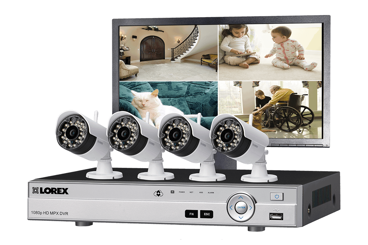 Wireless security camera system with monitor and 4 outdoor cameras and monitor