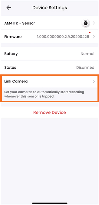 Sensor’s device settings > Link Camera