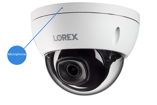 4K Wired Dome Camera with a blue circle labelled "Microphone", and a line towards the microphone.