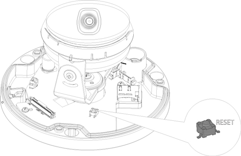 Dome camera internal diagram with a label towards the reset button.