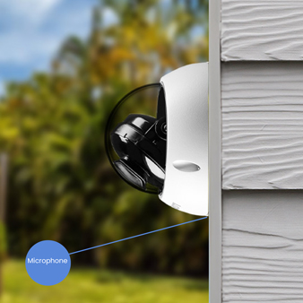 4K Wired Dome Camera mounted vertically with a blue circle labelled "Microphone", and a line towards the microphone.
