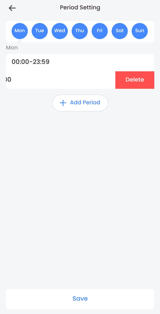 Period setting page in the Lorex app, with a period being deleted.