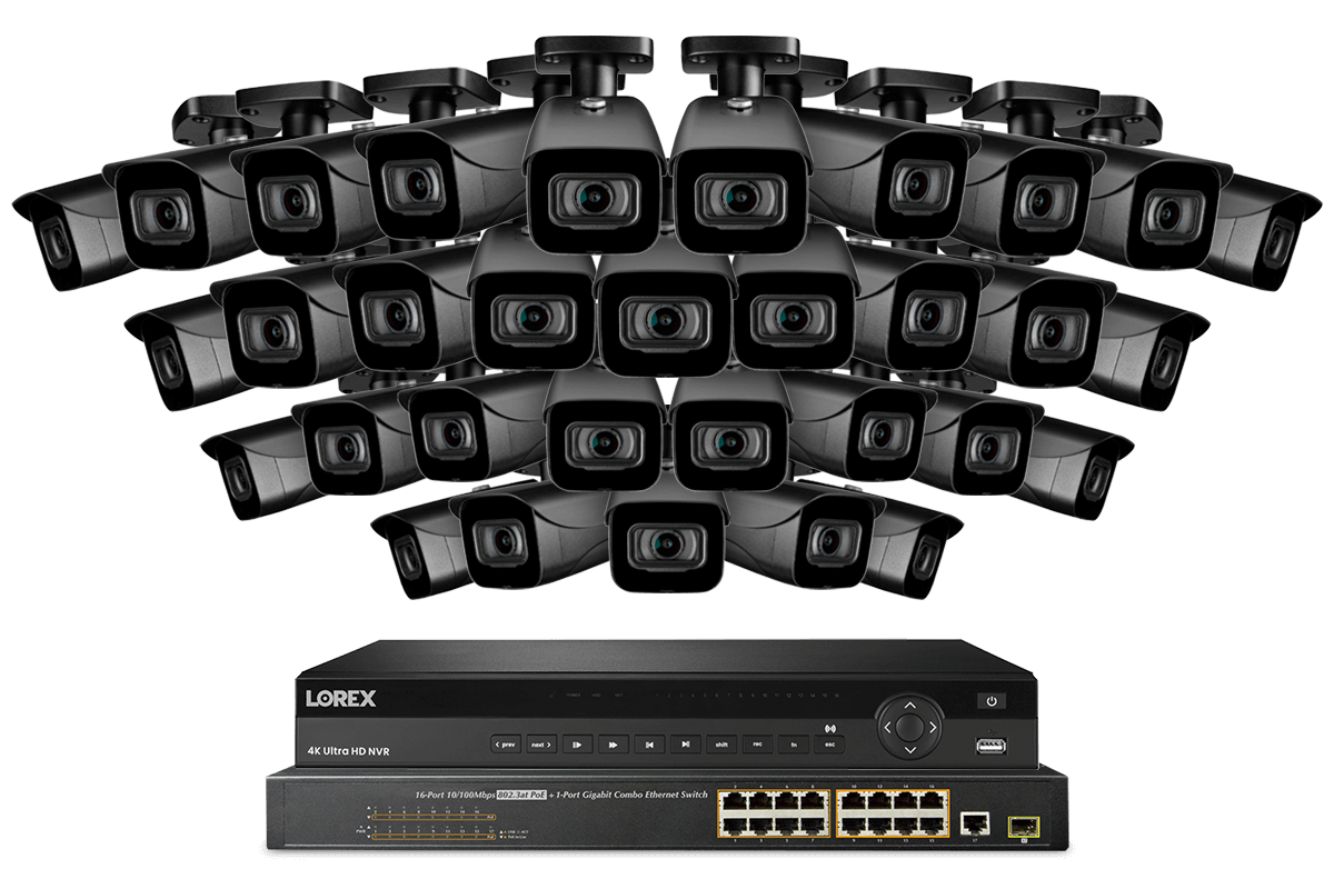 Lorex NC4K8-3216BB 32 Channel 4K Surveillance System with N882A38B 8TB 4K Fusion NVR 16 Port ACCLPS263B POE Switch and 16 E841CAB 8MP Bullet Cameras 