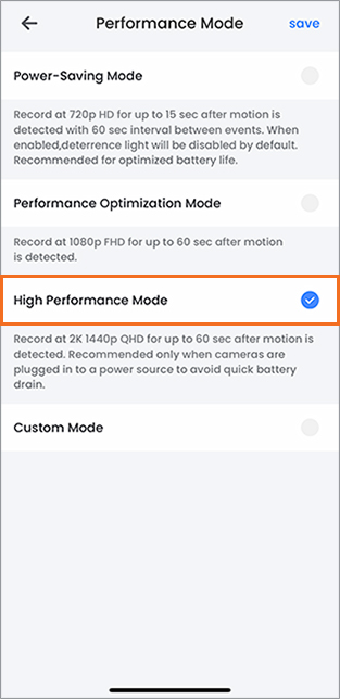 Performance mode settings